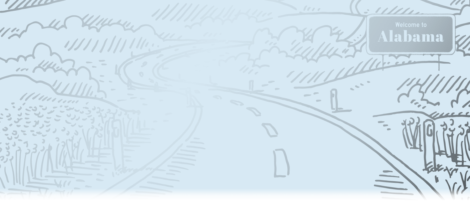 A sketch image of a road with a Welcome to Alabama Sign 